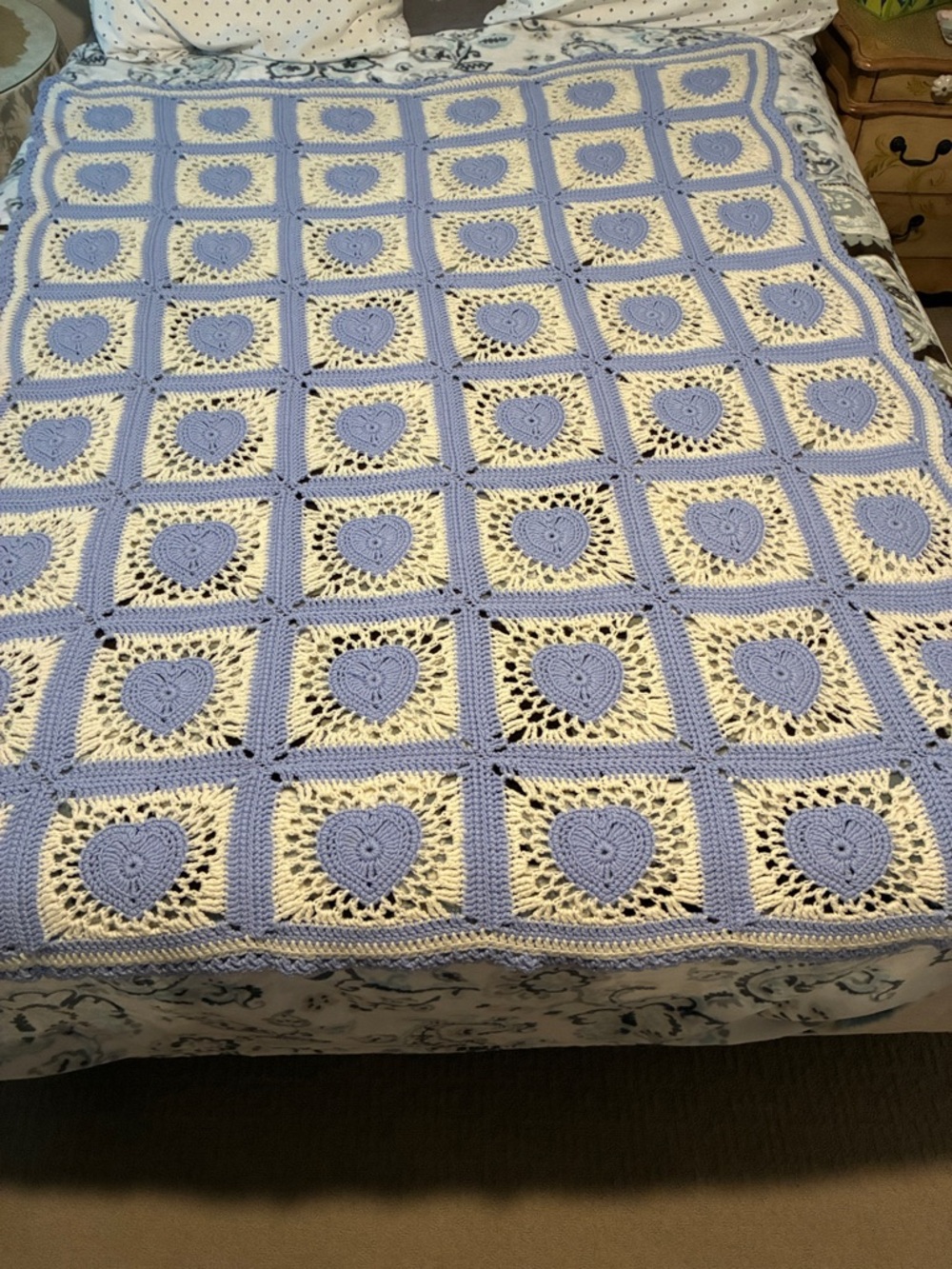 Handmade Vintage Granny Square Crocheted Heart Blanket in Blue and White